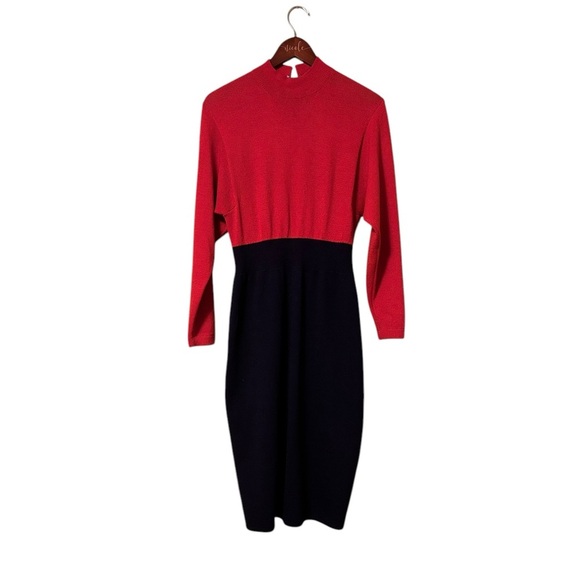 Vintage St. John for Neiman Marcus Midi Dress Long Sleeve Red Navy 70's Size 10 - Picture 1 of 7
